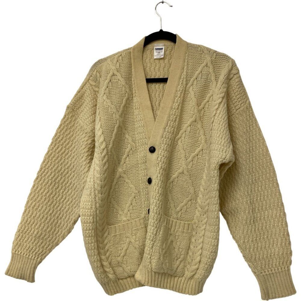 Vintage Damart England Sweater Sz 42 44 Cream Cable Knit Cardigan Wool Fisherman
